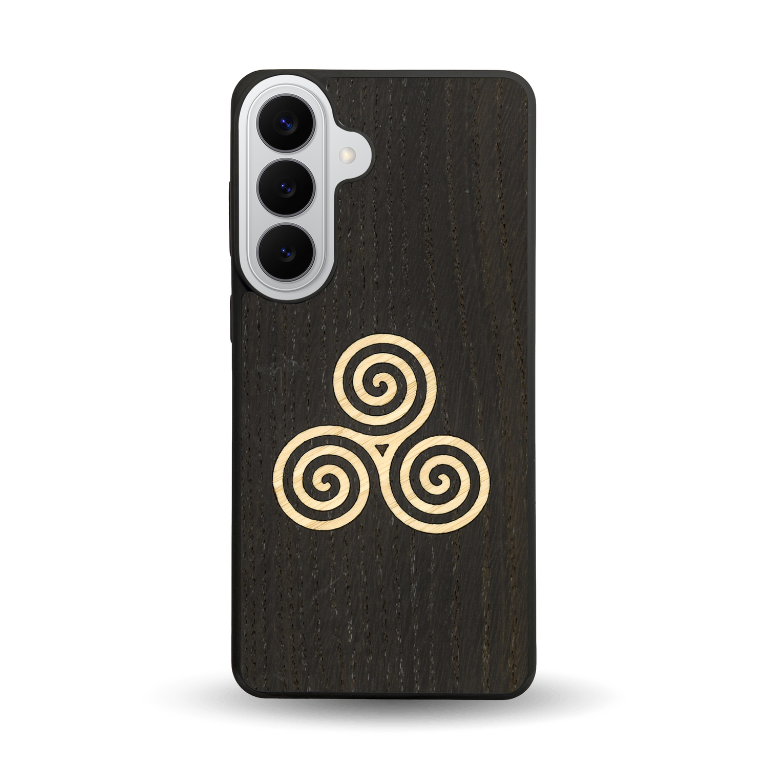 Coque de protection en bois véritable fabriquée en France pour Samsung S26+ alliant du chêne fumé et du bambou et doré représentant un triskell