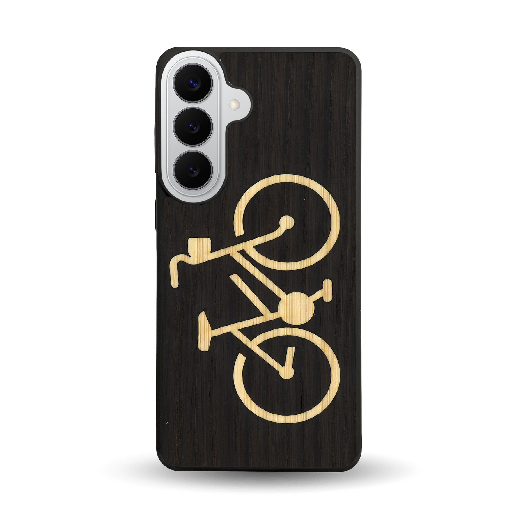 Coque de protection en bois véritable fabriquée en France pour Samsung S26+ sur le theme du vélo et de l'outdoor qui allie du bambou et du chêne fumé représentant un vélo