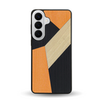 Coque de protection en bois véritable fabriquée en France pour Samsung S26+ alliant du bambou, du tulipier orange et noir en forme de mosaïque minimaliste sur le thème de l'art abstrait