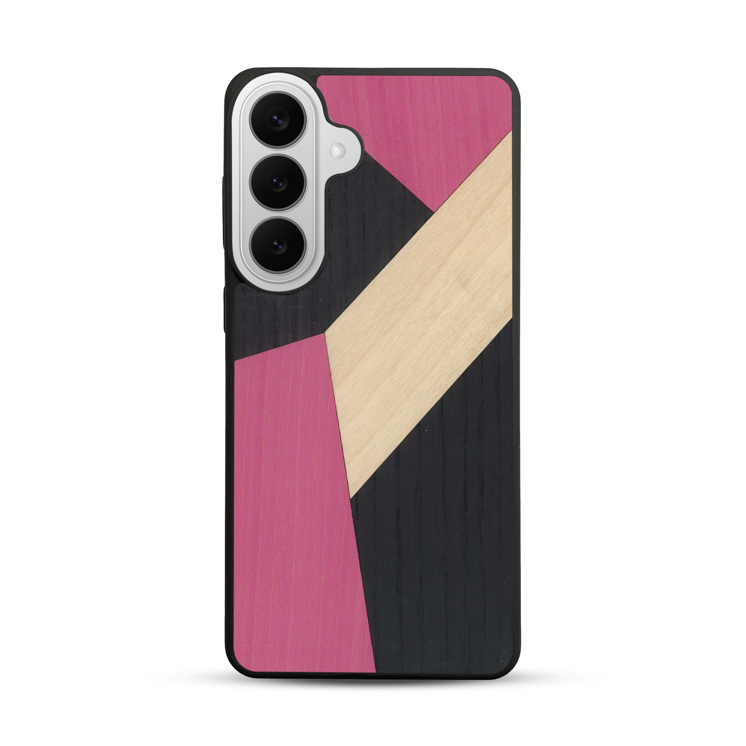 Coque de protection en bois véritable fabriquée en France pour  alliant du bambou, du tulipier rose et noir en forme de mosaïque minimaliste sur le thème de l'art abstrait
