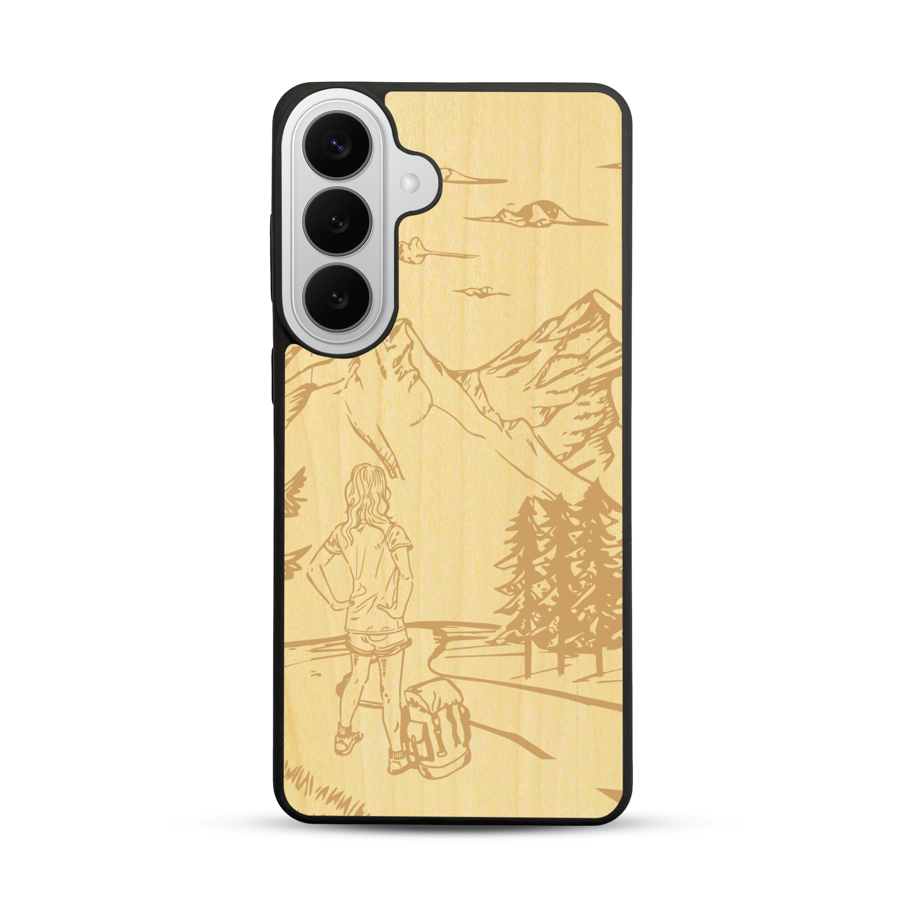 Coque de protection en bois véritable fabriquée en France pour  sur le thème de la randonnée en montagne et de l'aventure avec une gravure représentant une femme de dos face à un paysage de nature