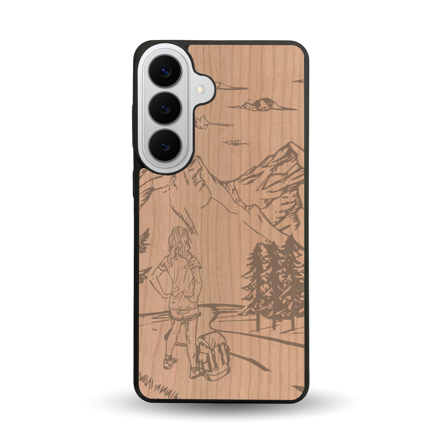 Coque de protection en bois véritable fabriquée en France pour Samsung S26+ sur le thème de la randonnée en montagne et de l'aventure avec une gravure représentant une femme de dos face à un paysage de nature