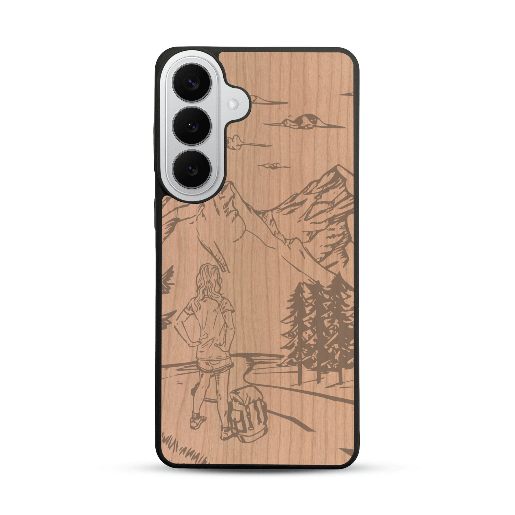 Coque de protection en bois véritable fabriquée en France pour  sur le thème de la randonnée en montagne et de l'aventure avec une gravure représentant une femme de dos face à un paysage de nature