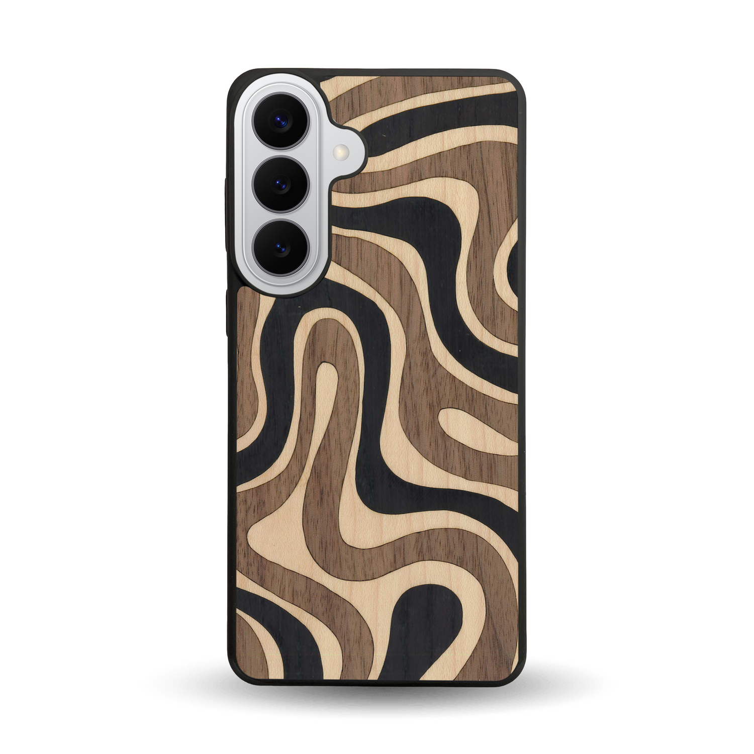 Coque de protection en bois véritable fabriquée en France pour Samsung S26+ alliant plusieurs essences de bois pour représenter une ondulation