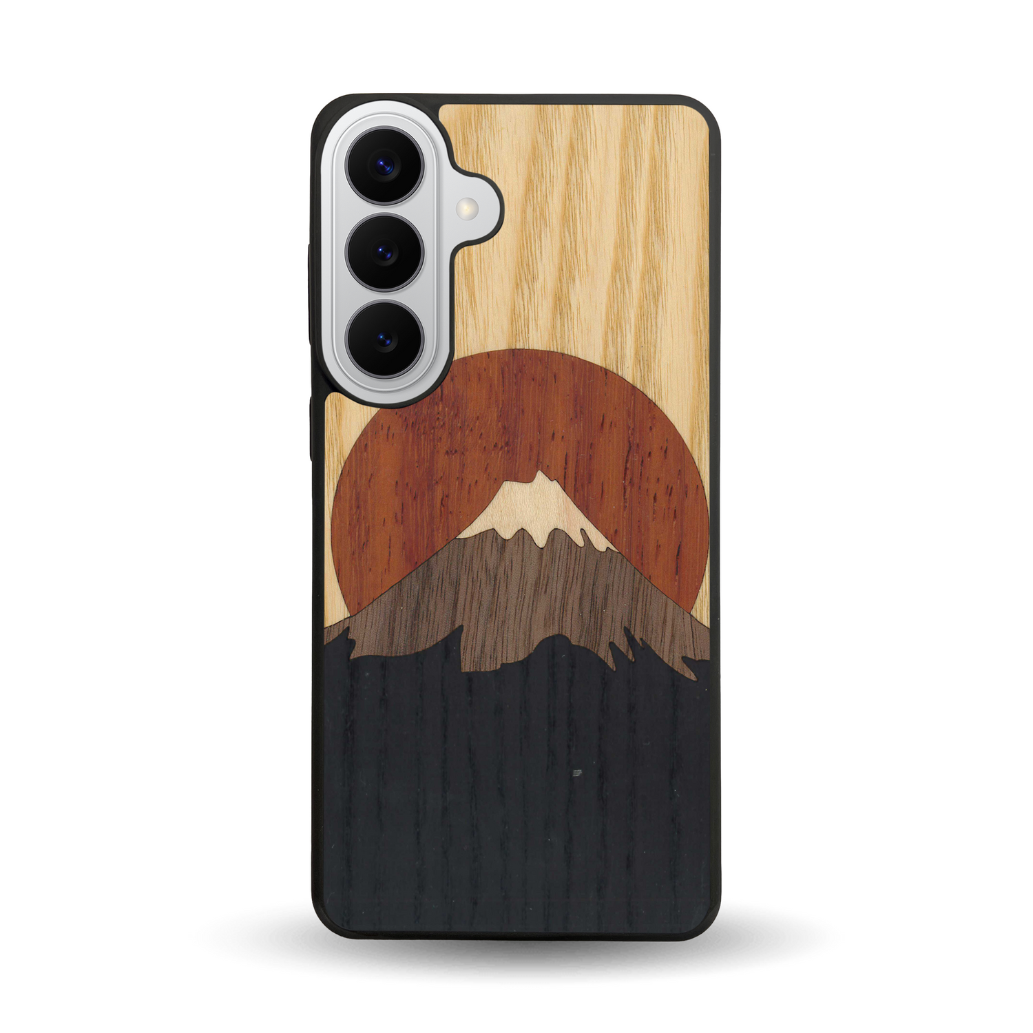 Coque de protection en bois véritable fabriquée en France pour Samsung S26+ alliant plusieurs essences de bois pour représenter le mont Fuji