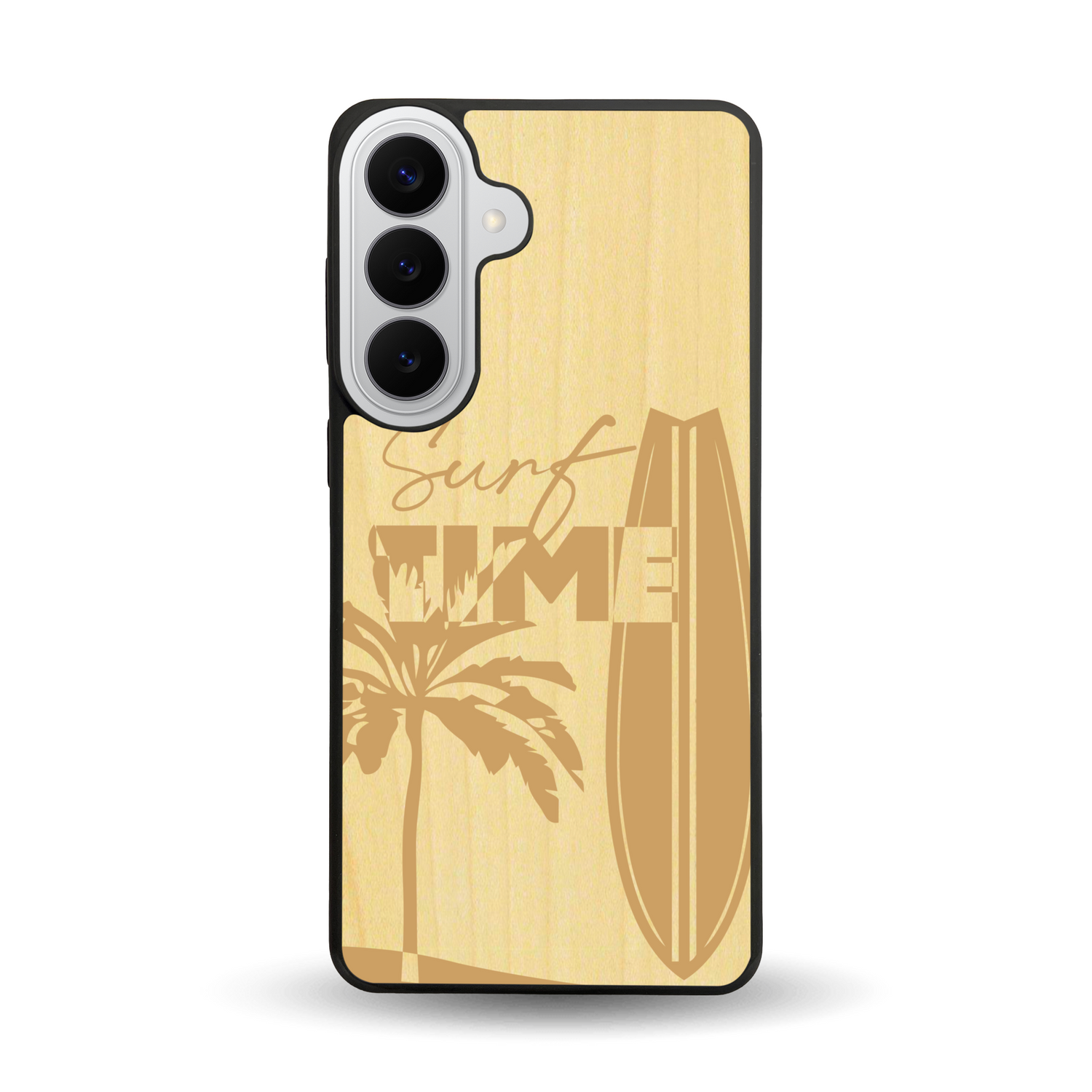 Coque de protection en bois véritable fabriquée en France pour Samsung S26+ sur le thème chill avec un motif représentant une silouhette tenant une planche de surf sur une plage entouré de palmiers et les mots "Surf Time Long Beach Miami"