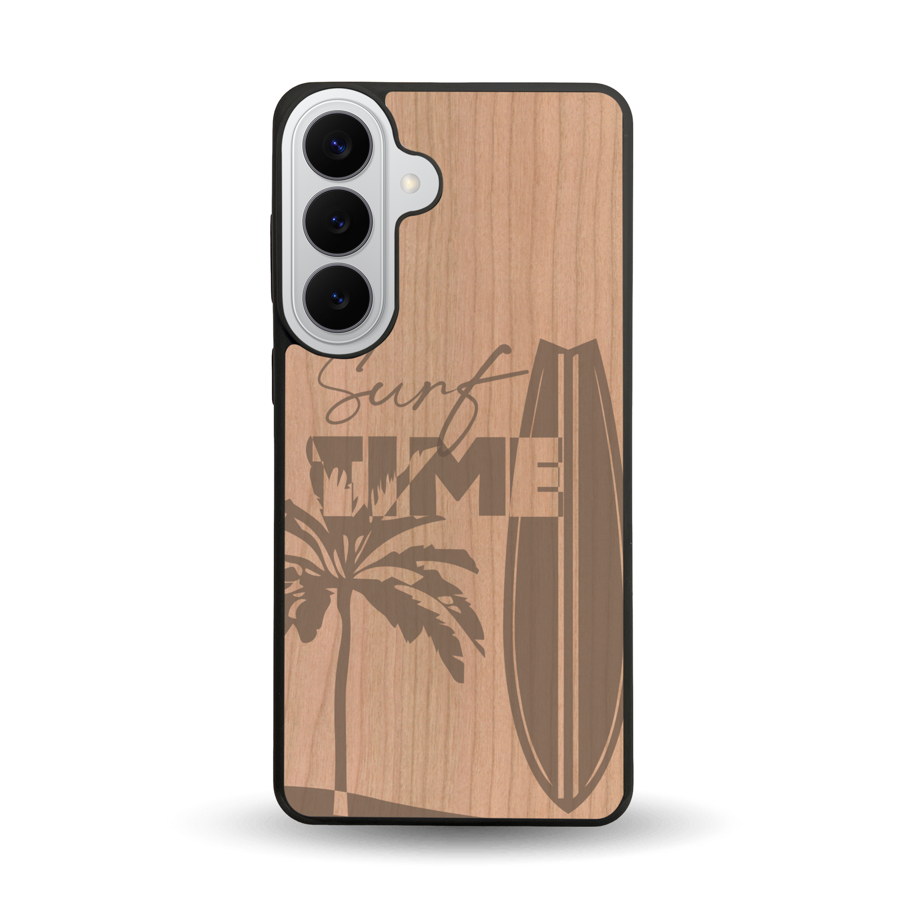 Coque de protection en bois véritable fabriquée en France pour Samsung S26+ sur le thème chill avec un motif représentant une silouhette tenant une planche de surf sur une plage entouré de palmiers et les mots "Surf Time Long Beach Miami"