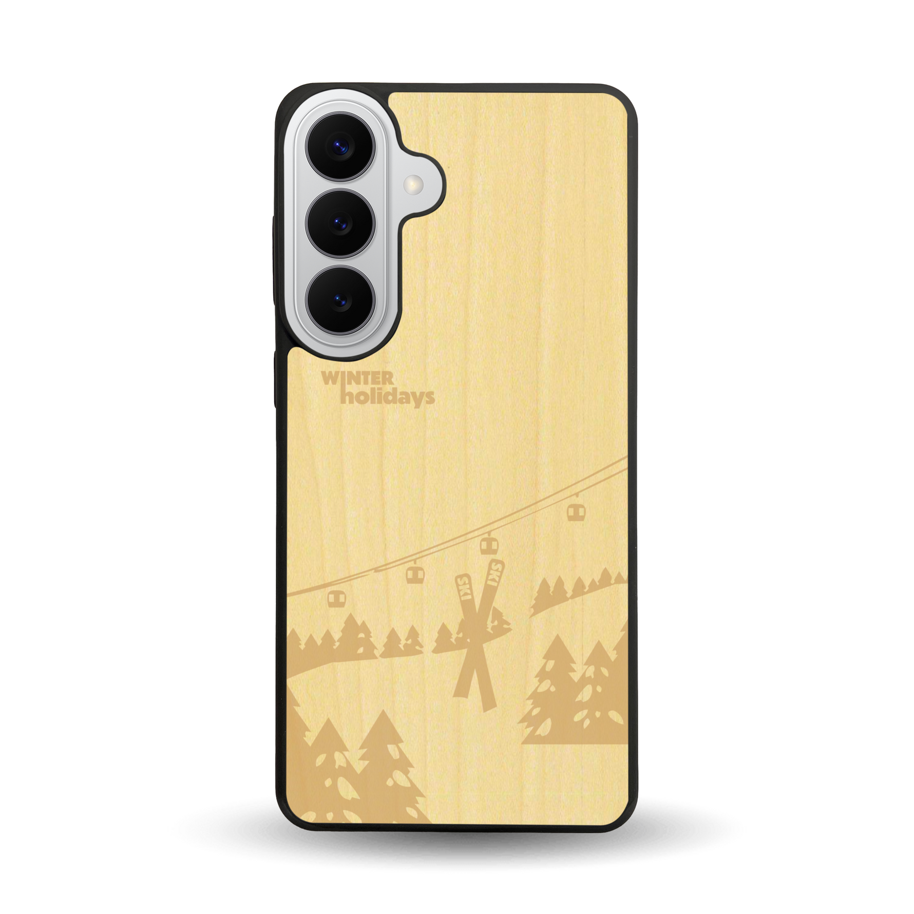 Coque de protection en bois véritable fabriquée en France pour Samsung S26+ sur le thème de la montagne, du ski et de la neige avec un motif représentant une paire de ski plantée dans la neige avec en fond des montagnes enneigées