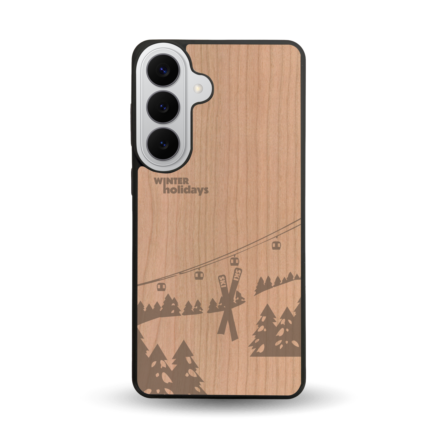 Coque de protection en bois véritable fabriquée en France pour Samsung S26+ sur le thème de la montagne, du ski et de la neige avec un motif représentant une paire de ski plantée dans la neige avec en fond des montagnes enneigées