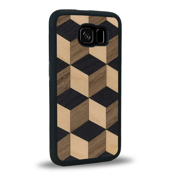 Coque de protection en bois véritable fabriquée en France pour Samsung S7E alliant plusieurs essences de bois pour représenter un classique intemporel de la marqueterie