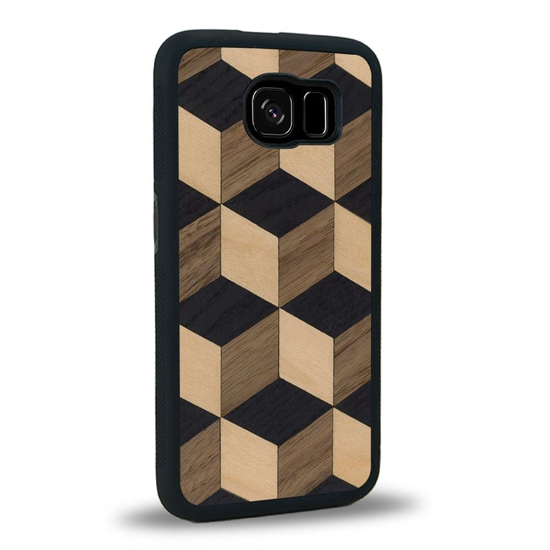 Coque de protection en bois véritable fabriquée en France pour Samsung S7E alliant plusieurs essences de bois pour représenter un classique intemporel de la marqueterie