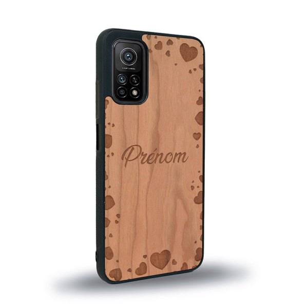 Coque de protection en bois véritable fabriquée en France pour Xiaomi Mi 10T Pro sur le thème de la fête des mères avec un motif représentant des coeurs et des feuilles