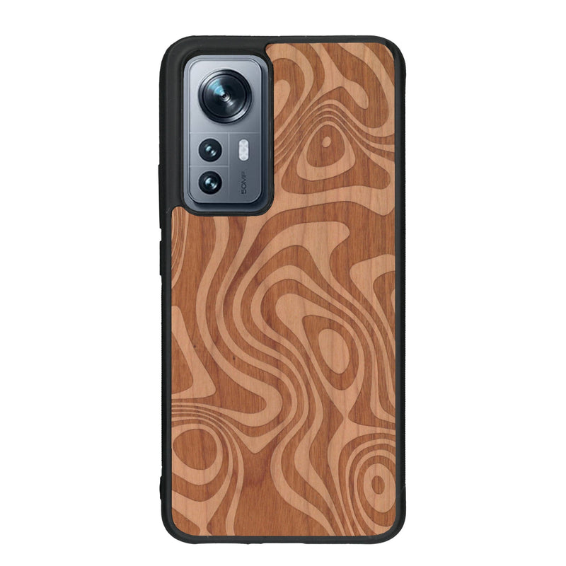 Coque de protection en bois véritable fabriquée en France pour Xiaomi Mi 12 5G avec un motif abstrait représentant les mouvements de l'eau