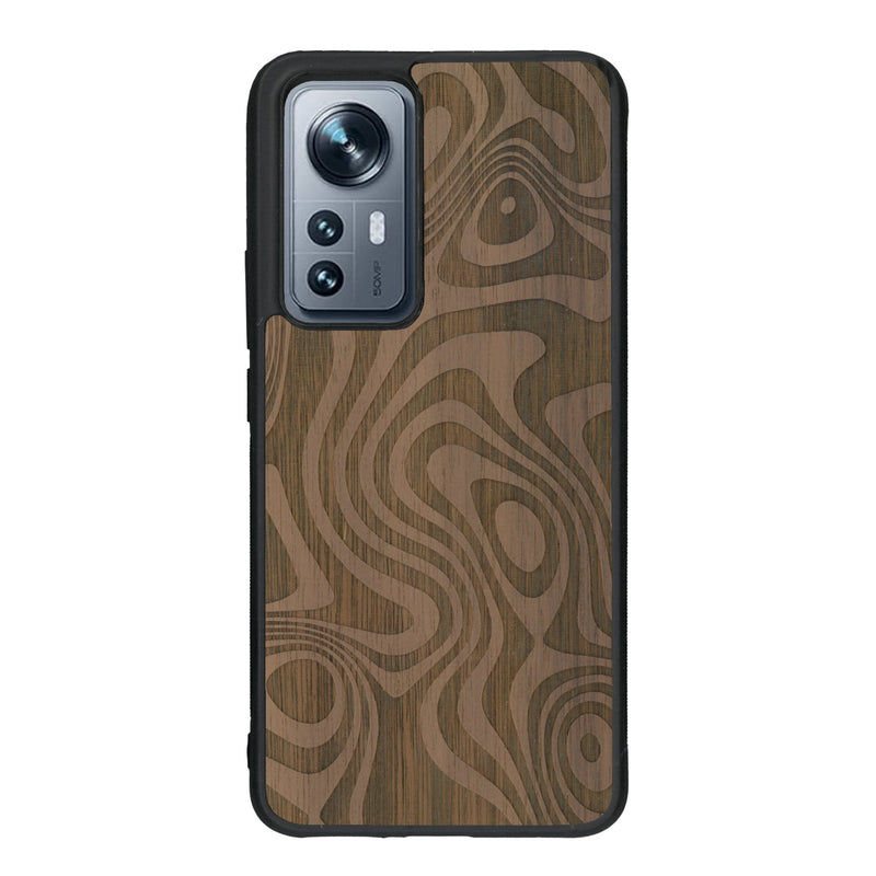 Coque de protection en bois véritable fabriquée en France pour Xiaomi Mi 12 5G avec un motif abstrait représentant les mouvements de l'eau