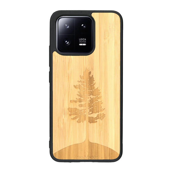 Coque de protection en bois véritable fabriquée en France pour Xiaomi Mi 13 sur le thème de la nature, de la fôret et de l'écoresponsabilité avec une gravure représentant un arbre 
