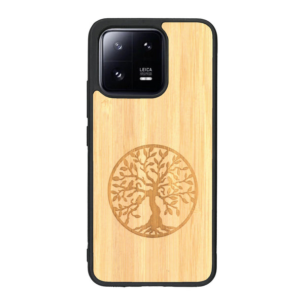 Coque de protection en bois véritable fabriquée en France pour Xiaomi Mi 13 sur le thème de la spiritualité et du yoga avec une gravure zen représentant un arbre de vie