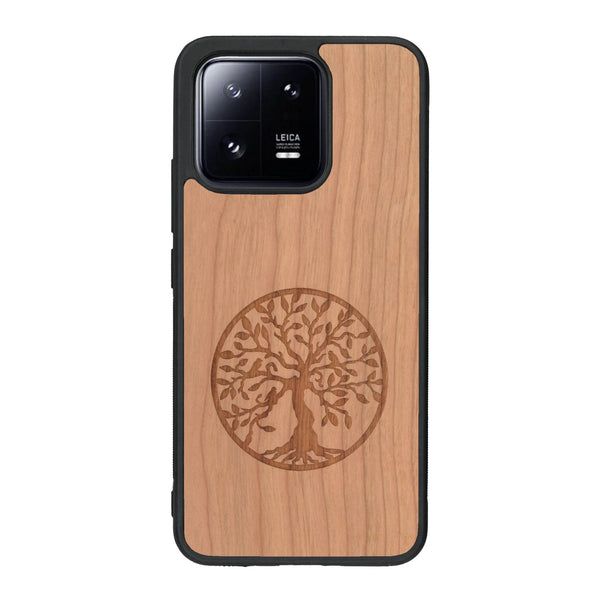 Coque de protection en bois véritable fabriquée en France pour Xiaomi Mi 13 sur le thème de la spiritualité et du yoga avec une gravure zen représentant un arbre de vie