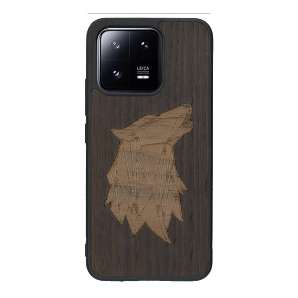 Coque de protection en bois véritable fabriquée en France pour Xiaomi Mi 13 alliant du chêne fumé et du noyer représentant une tête de loup géométrique de profil sur le thème des animaux et de la nature
