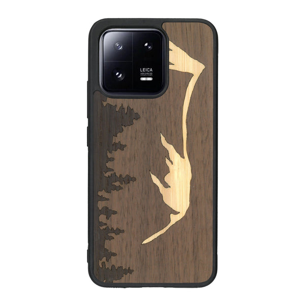 Coque de protection en bois véritable fabriquée en France pour Xiaomi Mi 13 sur le thème de la nature et de la montagne qui allie du chêne fumé, du noyer et du bambou représentant le mont mézenc