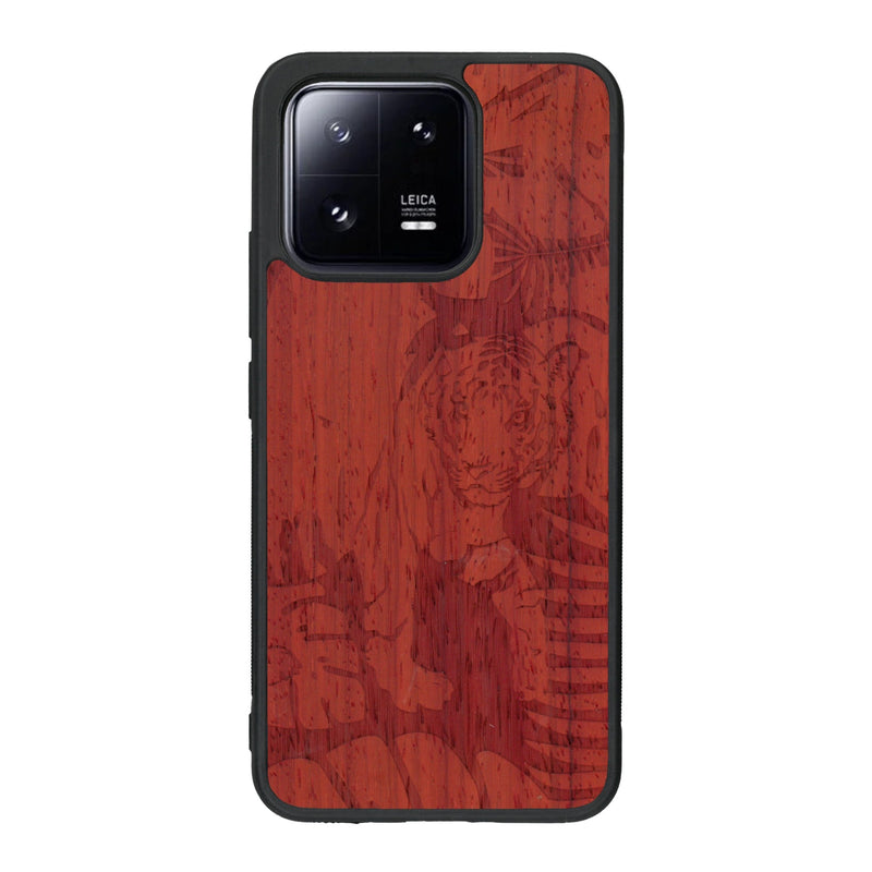 Coque de protection en bois véritable fabriquée en France pour Xiaomi Mi 13 sur le thème de la nature et des animaux représentant un tigre dans la jungle entre des fougères