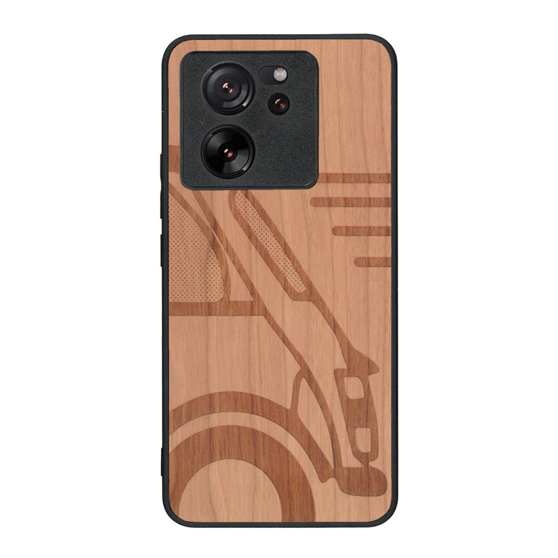 Coque de protection en bois véritable fabriquée en France pour Xiaomi Mi 13 T sur le thème de l'automobile avec une authentique Mini Cooper
