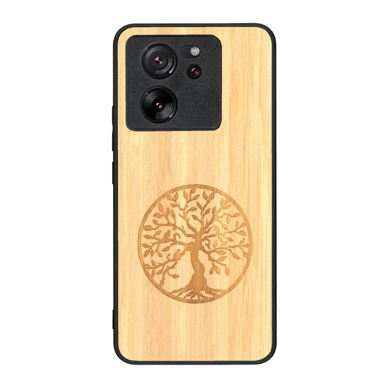 Coque de protection en bois véritable fabriquée en France pour Xiaomi Mi 13 T sur le thème de la spiritualité et du yoga avec une gravure zen représentant un arbre de vie