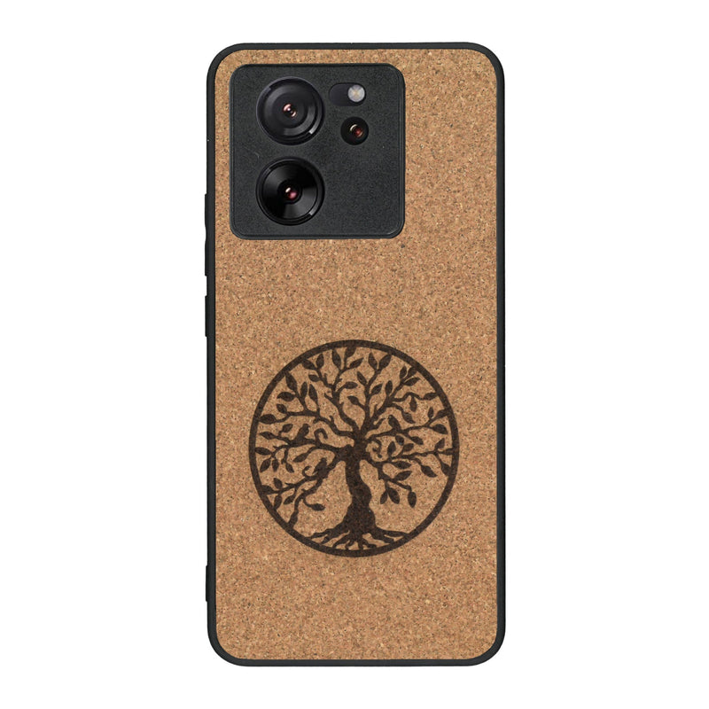 Coque de protection en bois véritable fabriquée en France pour Xiaomi Mi 13 T sur le thème de la spiritualité et du yoga avec une gravure zen représentant un arbre de vie