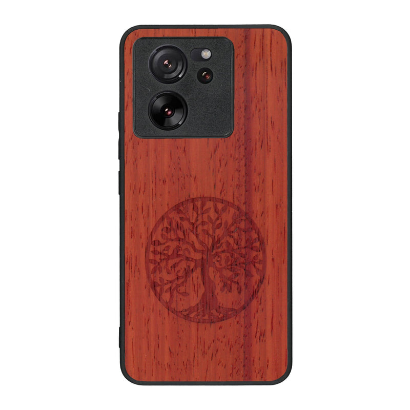 Coque de protection en bois véritable fabriquée en France pour Xiaomi Mi 13 T sur le thème de la spiritualité et du yoga avec une gravure zen représentant un arbre de vie