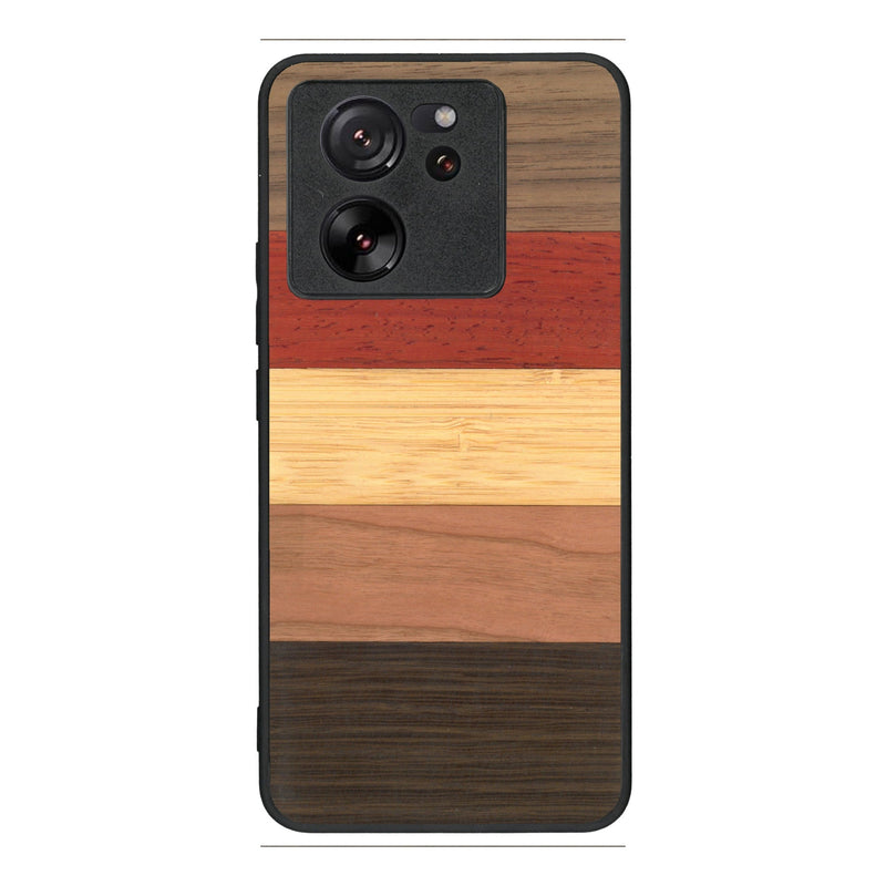 Coque de protection en bois véritable fabriquée en France pour Xiaomi Mi 13 T alliant des bandes horizontales de bambou, merisier, padouk, noyer et chêne fumé