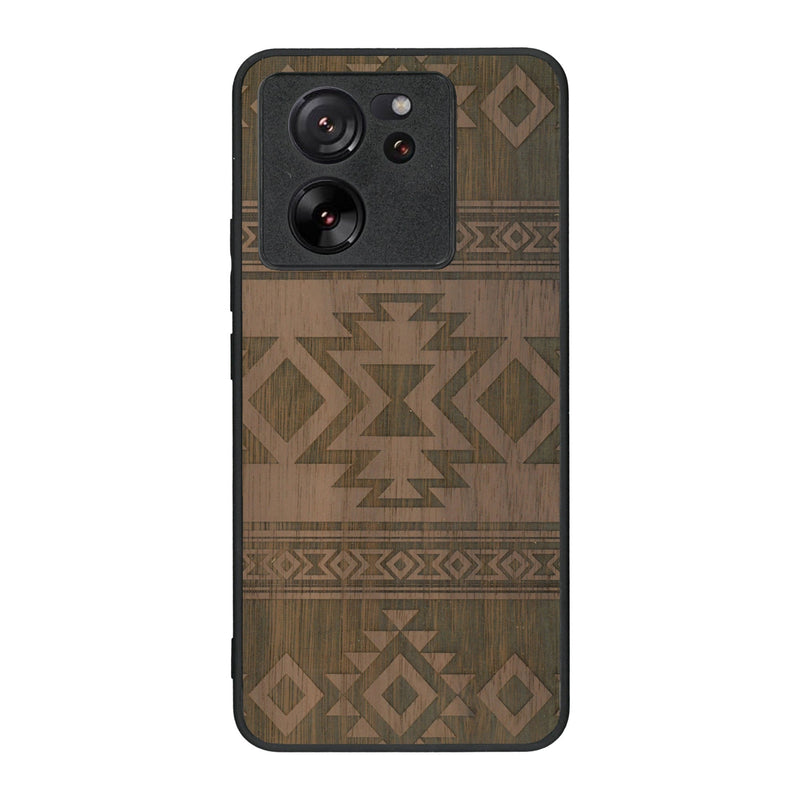 Coque de protection en bois véritable fabriquée en France pour Xiaomi Mi 13 T avec des motifs géométriques s'inspirant des temples aztèques, mayas et incas