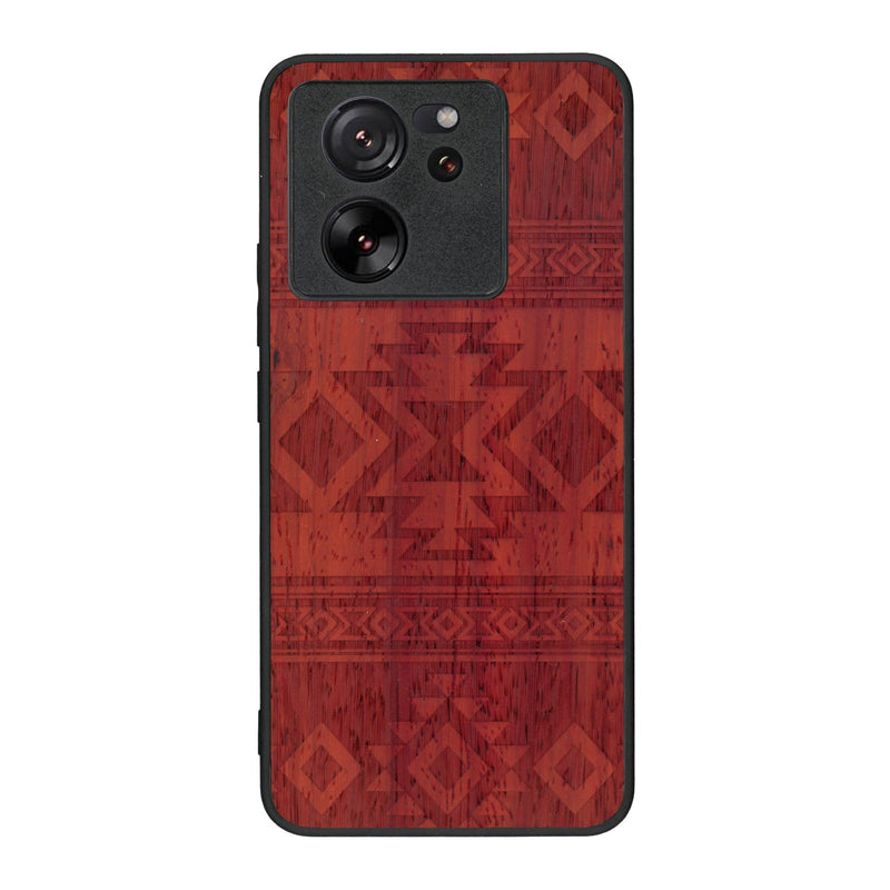 Coque de protection en bois véritable fabriquée en France pour Xiaomi Mi 13 T avec des motifs géométriques s'inspirant des temples aztèques, mayas et incas