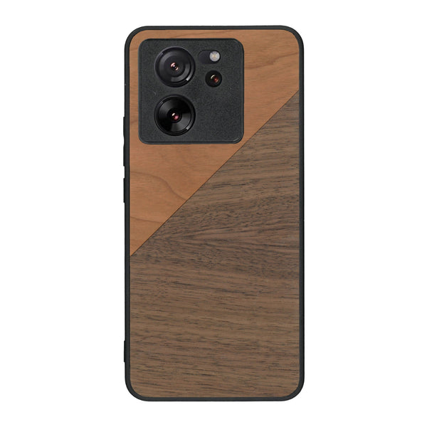 Coque de protection en bois véritable fabriquée en France pour Xiaomi Mi 13 T alliant du merisier et du noyer formant chacun un triangle avec une jointure en diagonale sur le thème de l'art abstrait