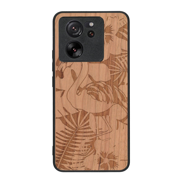 Coque de protection en bois véritable fabriquée en France pour Xiaomi Mi 13 T sur le thème de la nature et des animaux représentant un flamant rose entre des fougères