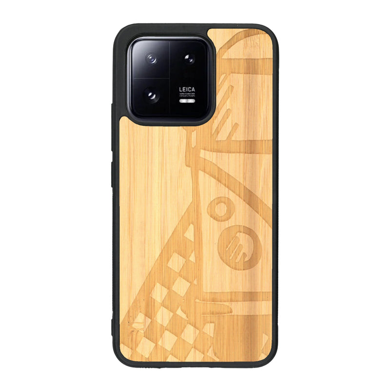 Coque de protection en bois véritable fabriquée en France pour Xiaomi Mi 13 sur le thème du voyage avec un van combi