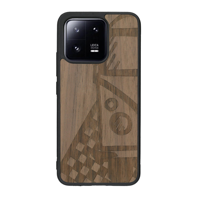 Coque de protection en bois véritable fabriquée en France pour Xiaomi Mi 13 sur le thème du voyage avec un van combi