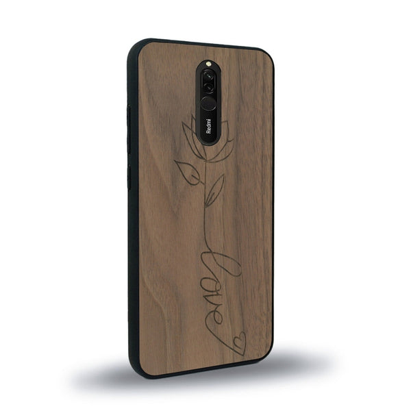 Coque de protection en bois véritable fabriquée en France pour Xiaomi Mi 9T sur le thème de la fête des mères avec un motif représentant une fleur dont la tige forme le mot "love"