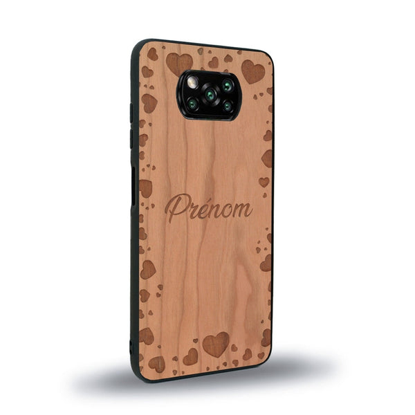 Coque de protection en bois véritable fabriquée en France pour Xiaomi Poco X3 Nfc sur le thème de la fête des mères avec un motif représentant des coeurs et des feuilles