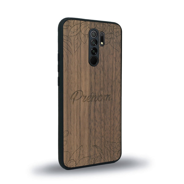 Coque de protection en bois véritable fabriquée en France pour Xiaomi Redmi 9 sur le thème de la fête des mères avec un motif représentant des fleurs et des feuilles