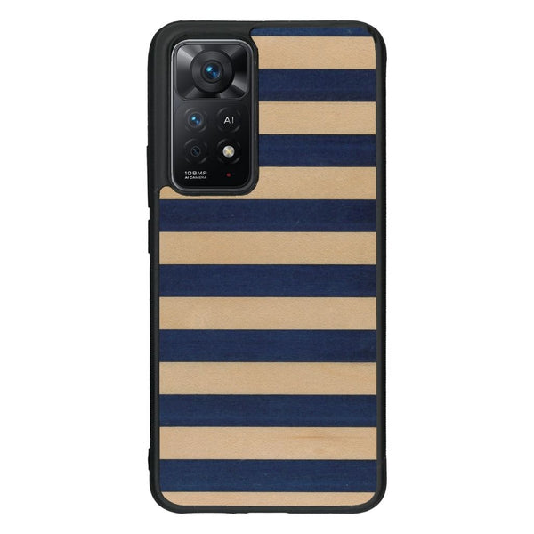 Coque de protection en bois véritable fabriquée en France pour Xiaomi Redmi Note 11 alliant plusieurs essences de bois pour représenter une marinière