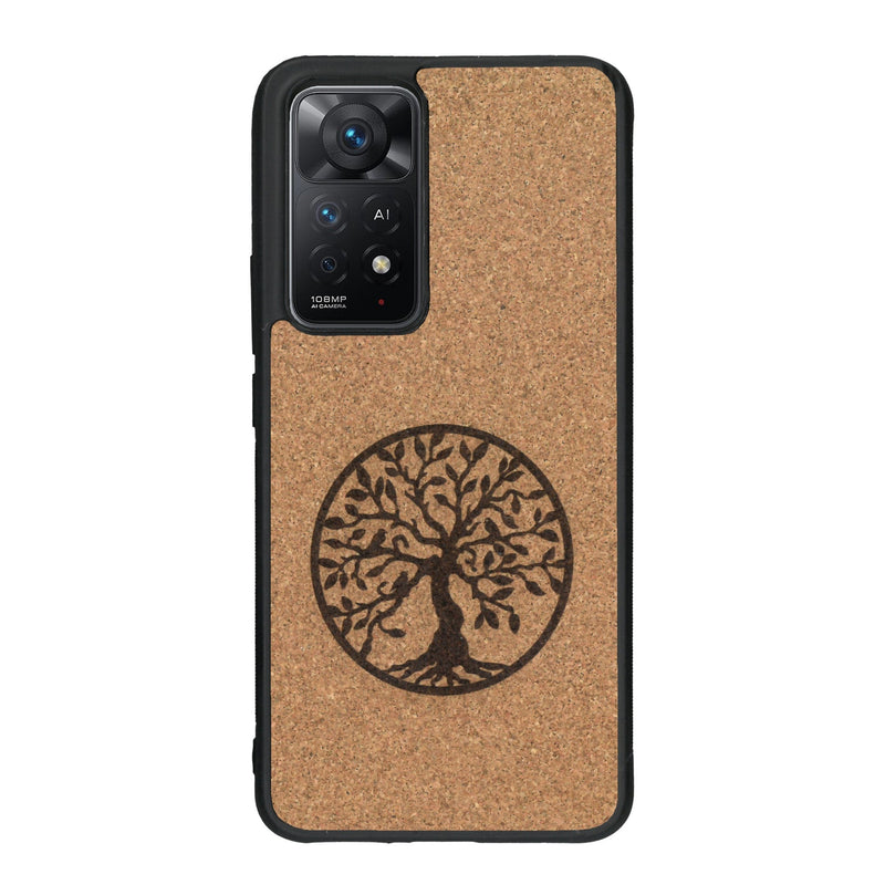Coque de protection en bois véritable fabriquée en France pour Xiaomi Redmi Note 11 sur le thème de la spiritualité et du yoga avec une gravure zen représentant un arbre de vie