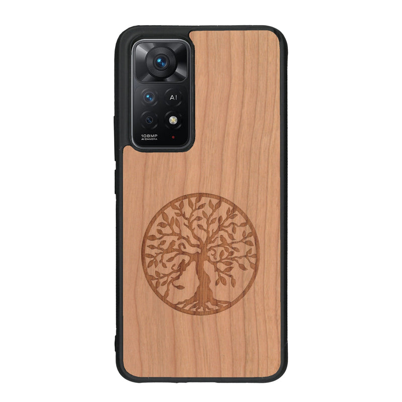 Coque de protection en bois véritable fabriquée en France pour Xiaomi Redmi Note 11 sur le thème de la spiritualité et du yoga avec une gravure zen représentant un arbre de vie