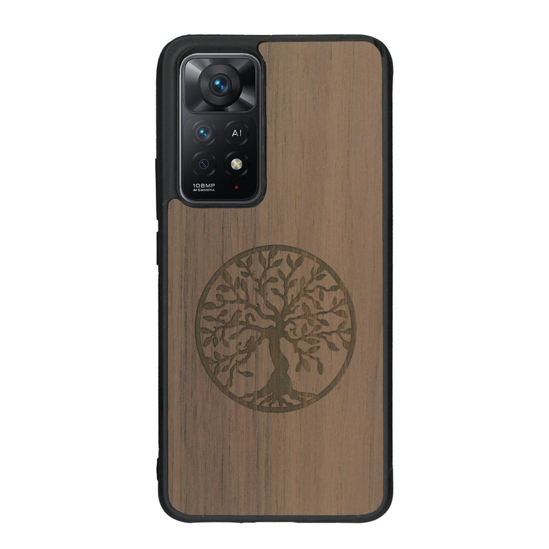 Coque de protection en bois véritable fabriquée en France pour Xiaomi Redmi Note 11 sur le thème de la spiritualité et du yoga avec une gravure zen représentant un arbre de vie