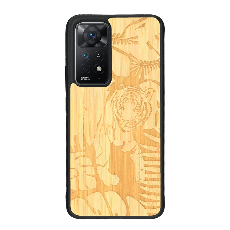 Coque de protection en bois véritable fabriquée en France pour Xiaomi Redmi Note 11 sur le thème de la nature et des animaux représentant un tigre dans la jungle entre des fougères