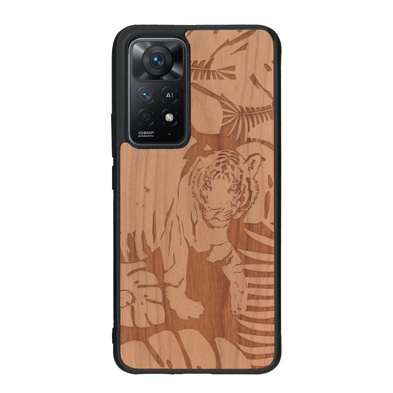 Coque de protection en bois véritable fabriquée en France pour Xiaomi Redmi Note 11 sur le thème de la nature et des animaux représentant un tigre dans la jungle entre des fougères
