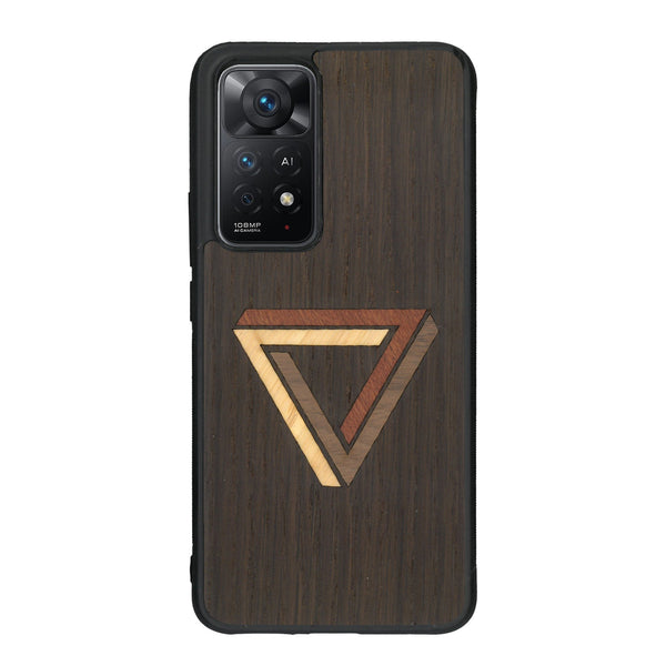 Coque de protection en bois véritable fabriquée en France pour Xiaomi Redmi Note 11 sur le thème de l'art géométrique qui allie du chêne fumé, du noyer, du bambou et du padouk représentant le triangle de penrose