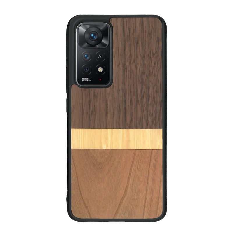 Coque de protection en bois véritable fabriquée en France pour Xiaomi Redmi Note 11 alliant des bandes horizontales de bambou, merisier et noyer