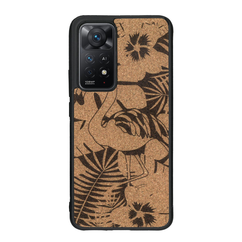 Coque de protection en bois véritable fabriquée en France pour Xiaomi Redmi Note 11 Pro sur le thème de la nature et des animaux représentant un flamant rose entre des fougères