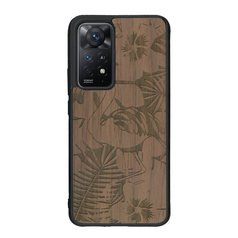 Coque de protection en bois véritable fabriquée en France pour Xiaomi Redmi Note 11 Pro sur le thème de la nature et des animaux représentant un flamant rose entre des fougères