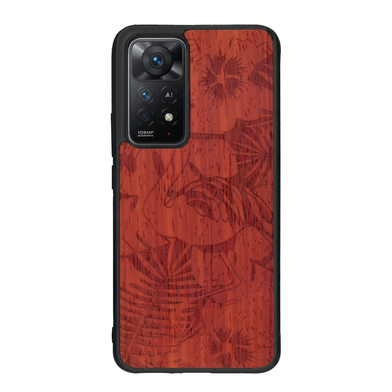 Coque de protection en bois véritable fabriquée en France pour Xiaomi Redmi Note 11 Pro sur le thème de la nature et des animaux représentant un flamant rose entre des fougères