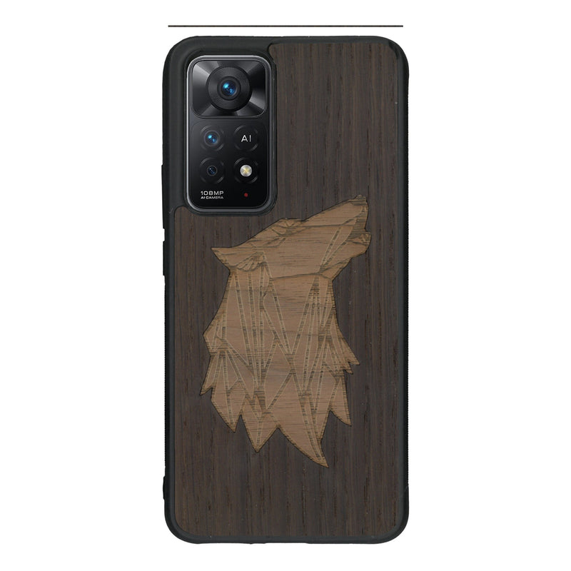 Coque de protection en bois véritable fabriquée en France pour Xiaomi Redmi Note 11 Pro alliant du chêne fumé et du noyer représentant une tête de loup géométrique de profil sur le thème des animaux et de la nature